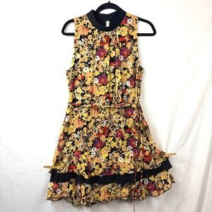 CUE Sleeveless Ruffle Tiered Mini Dress Sz US 8 Floral High Neck Belted Pleated